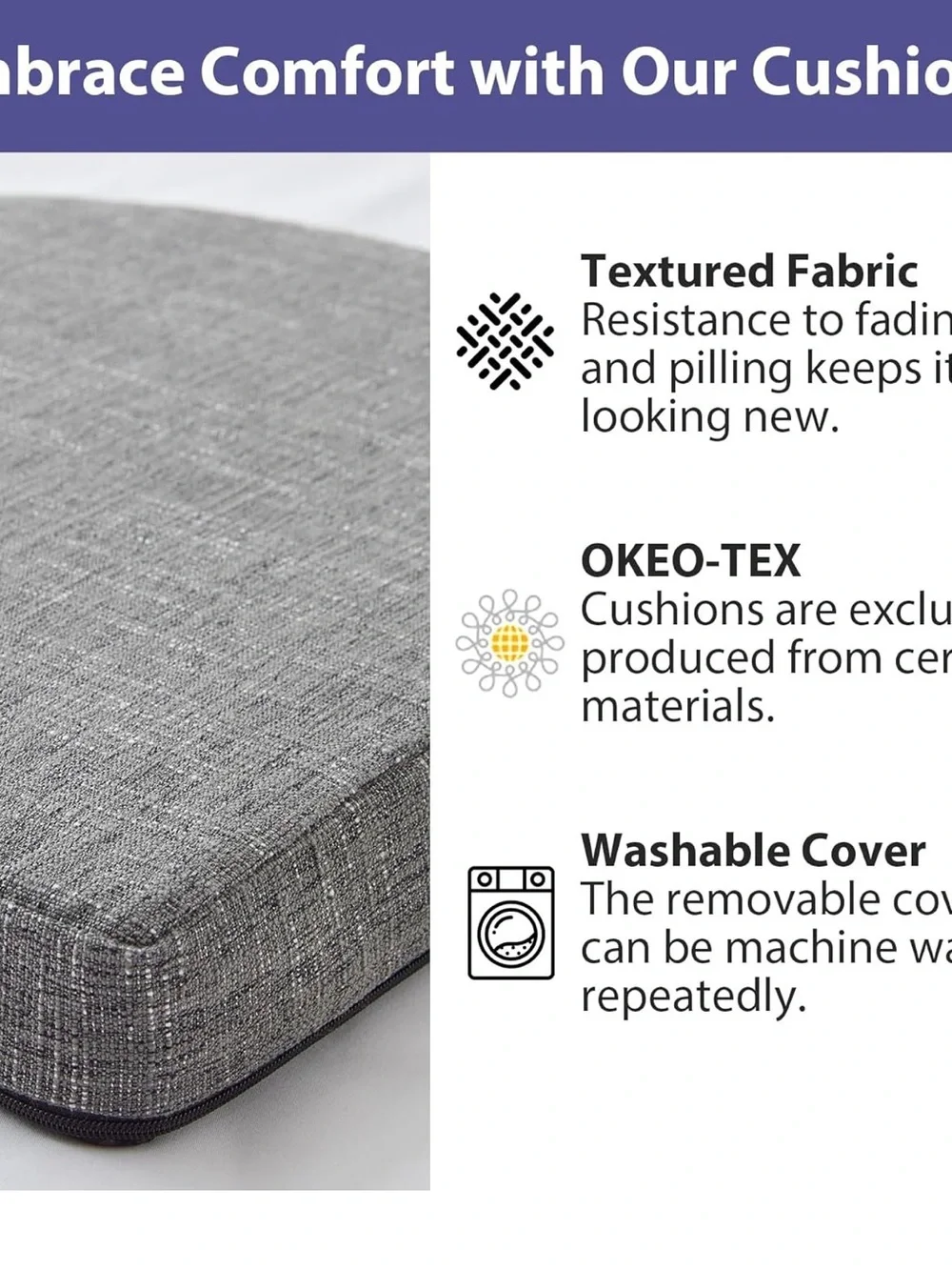 Open Box  Chair Cushions Set of 4 Gray Tie  Non-Slip Comfort Foam 16x16x2